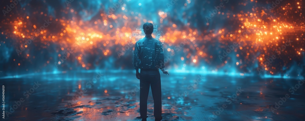 Fototapeta premium Holographic Engineer Monitoring Virtual Dashboard in Facility Management Maintenance System