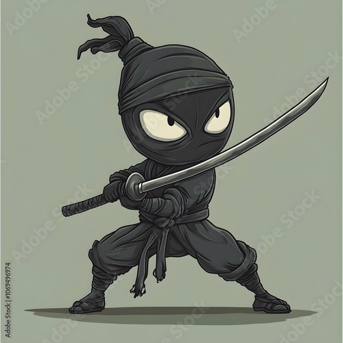 A cartoon ninja with a katana drawn in a fighting stance. photo