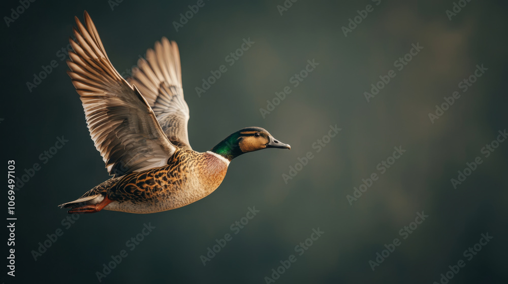 Obraz premium duck flying gracefully through air, showcasing its vibrant plumage and strong wings. serene background enhances beauty of this majestic bird in motion