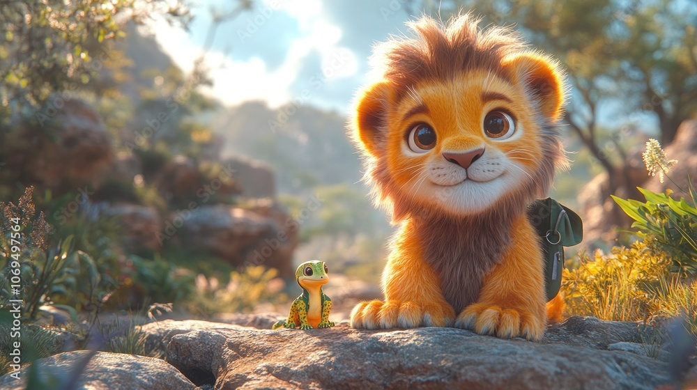 A cute lion cub with a backpack sits on a rock in a forest with a small lizard beside him. A cute lion cub with a backpack sits on a rock in a forest with a small lizard beside him.