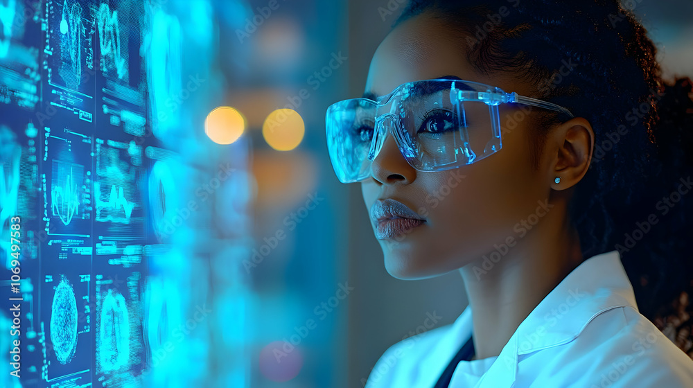 Woman in Lab Coat Looking at Data on a Screen - Illustration Woman in Lab Coat Looking at Data on a Screen - Illustration
