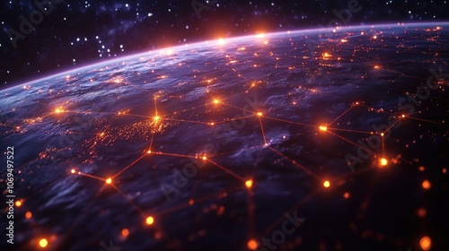 A glowing network of lines connects city lights on Earth, seen from space.