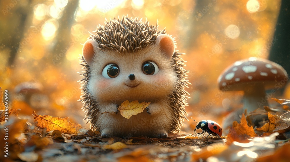 A cute cartoon hedgehog holding a leaf in an autumn forest. A cute cartoon hedgehog holding a leaf in an autumn forest.