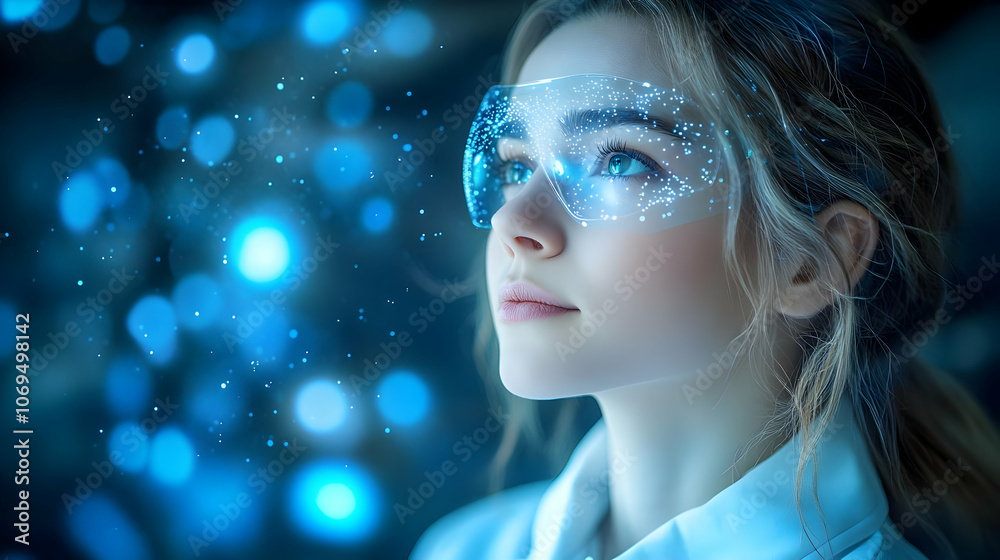 Woman in Futuristic Goggles Looking Up - Illustration Woman in Futuristic Goggles Looking Up - Illustration