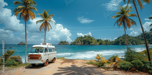 vintage white camper van parked by ocean palm beach landscape, adventurous summer travel in retro motorhome, tropical seaside vacation, freedom and leisure on the open road photo