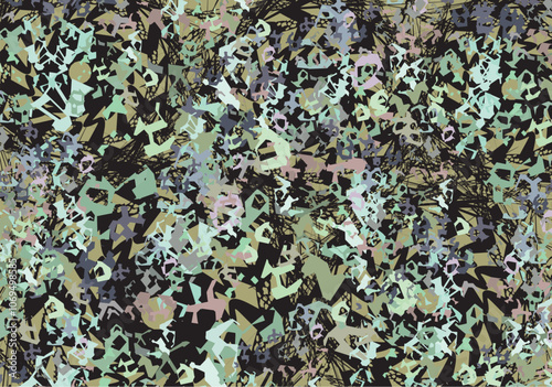 Chaotic camouflage motifs for textiles or fabrics. Colorful detailed backdrop for fashion trends, business concepts, covers, interior solutions, tiles, prints, wallpapers, posters, scrapbooking, etc. 