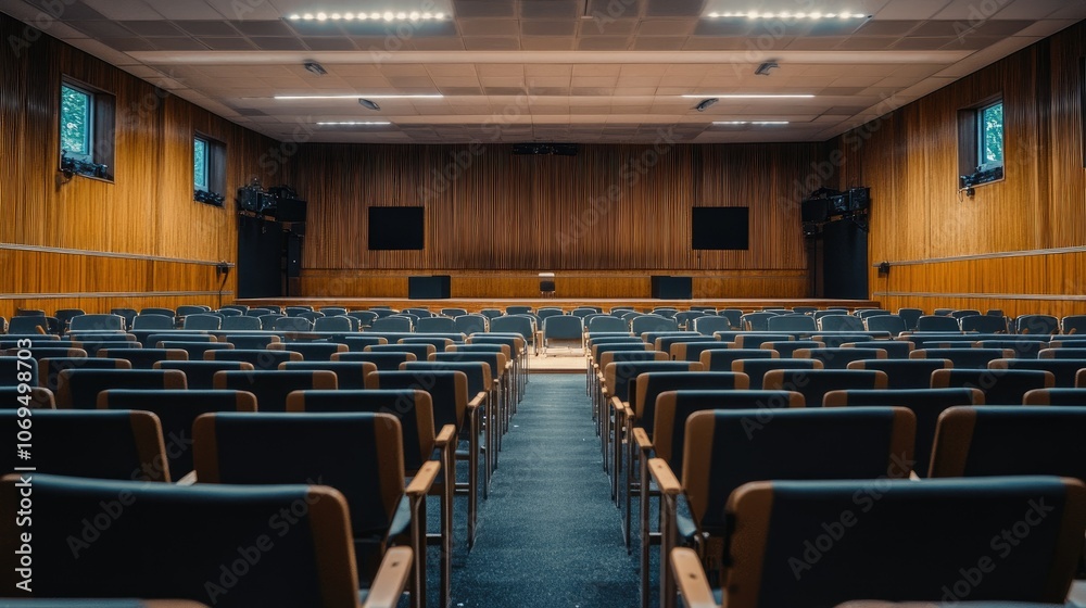 Empty auditorium interior with seats and screens Empty auditorium interior with seats and screens