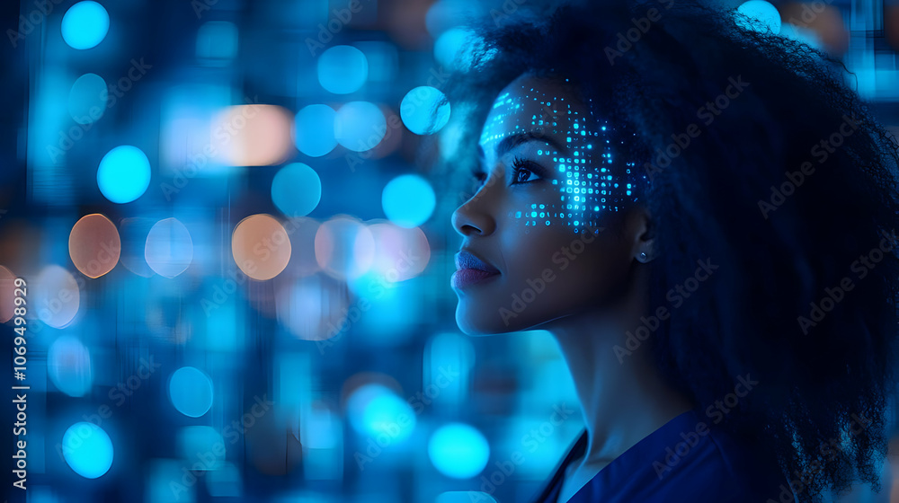 Woman with Blue Bokeh Lights Digital Art Woman with Blue Bokeh Lights Digital Art