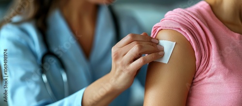 Doctor cleaning a patient's arm after vaccination.