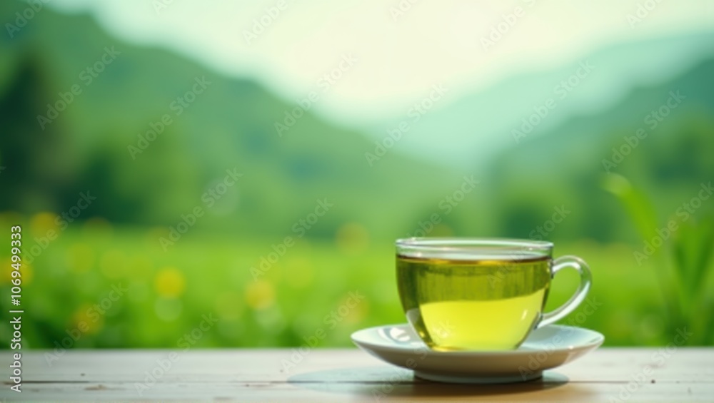 Transparent cup of tea on saucer outdoors, green nature background, serene setting, focus on tea, blurred mountains and field. Generative, AI. Transparent cup of tea on saucer outdoors, green nature background, serene setting, focus on tea, blurred mountains and field. Generative, AI.
