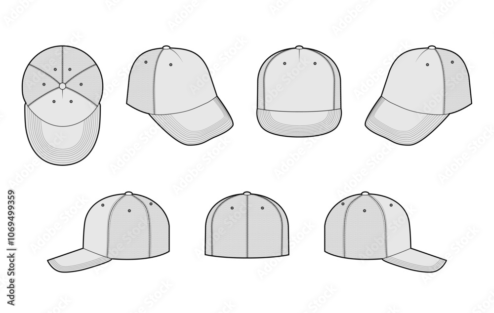 Set of Trucker Baseball Cap Hat with mesh. Summer Head Fashion accessory clothing technical illustration. Vector headgear for Men, women, unisex style, flat template CAD mockup sketch outline isolated Set of Trucker Baseball Cap Hat with mesh. Summer Head Fashion accessory clothing technical illustration. Vector headgear for Men, women, unisex style, flat template CAD mockup sketch outline isolated