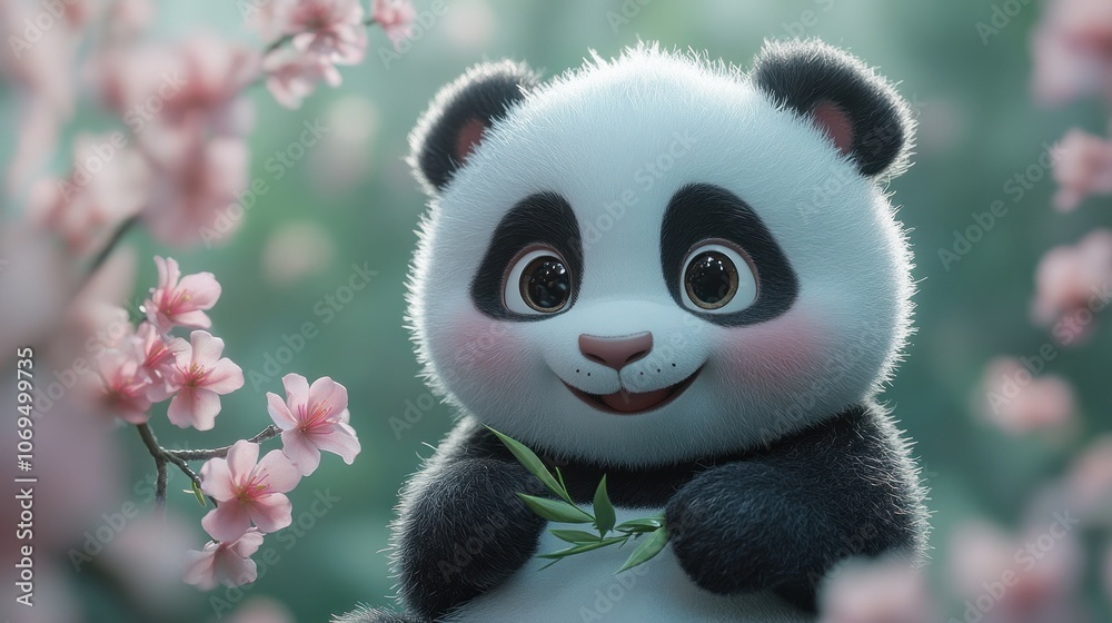 Adorable cartoon panda cub with pink cheeks, sitting in a forest with blooming flowers and holding a green leaf. Adorable cartoon panda cub with pink cheeks, sitting in a forest with blooming flowers and holding a green leaf.