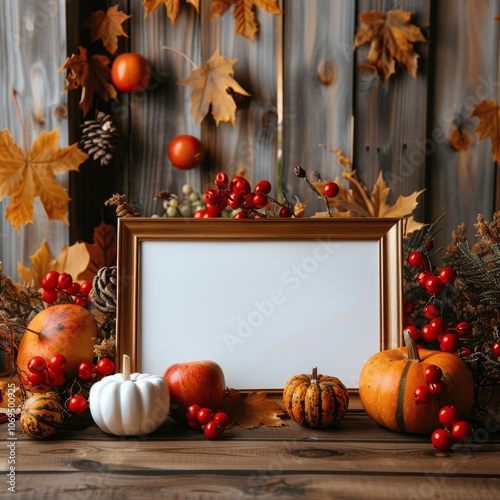 Blank board on wooden table with autumn leaves pumpkins and decorations for thanksgiving photo