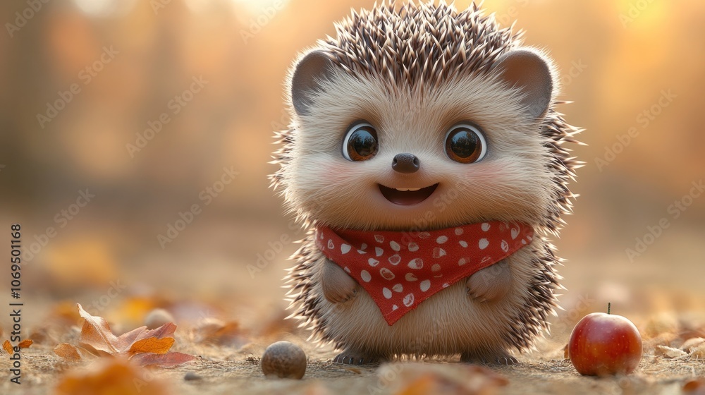 A cute cartoon hedgehog wearing a red bandana stands in a forest with an apple and an acorn beside it.