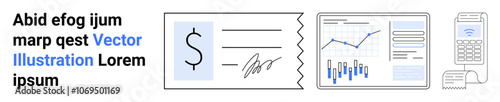 Check with dollar symbol and signature, financial graphs with statistics, payment terminal and receipt. Ideal for banking, finance, payments, transactions, business analysis, accounting, financial