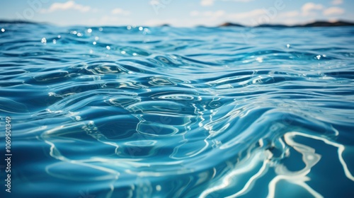 Close-up view of the surface of the blue sea water with ripples, waves, and sunlight reflections.