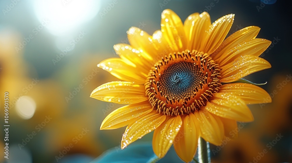 Close-up of a bright yellow sunflower with water droplets, blurred background of other sunflowers. Close-up of a bright yellow sunflower with water droplets, blurred background of other sunflowers.