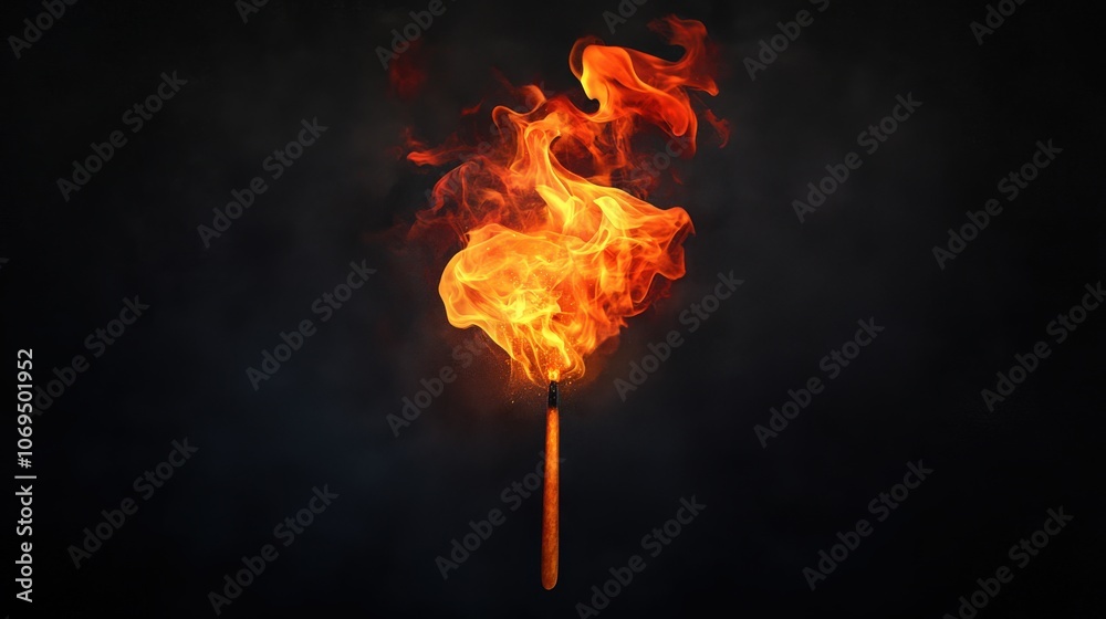 Flame igniting from a matchstick on dark background, representing heat and energy. Flame igniting from a matchstick on dark background, representing heat and energy.