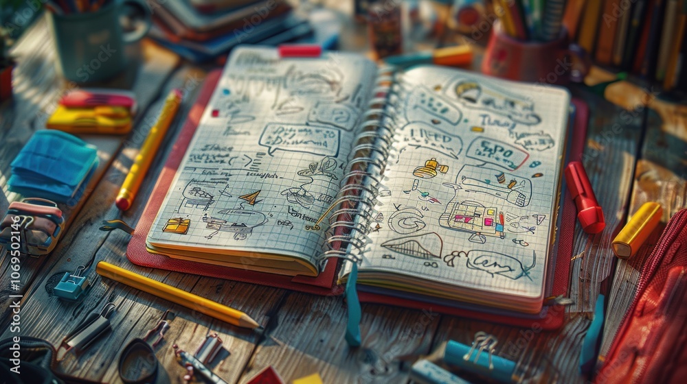 Open Notebook on Wooden Table with Colorful Supplies Open Notebook on Wooden Table with Colorful Supplies