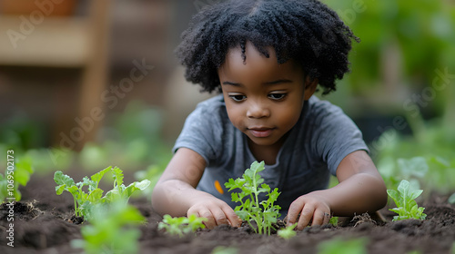 Child Planting Seedlings in Garden - Realistic Image