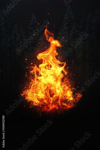 Flames dancing against a dark forest backdrop, vibrant fire, captivating and intense.