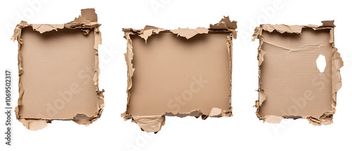 The image features three cardboard boxes with torn edges, suggesting they are either opened or damaged, suitable for use in graphic design or packaging concepts.