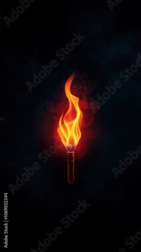 Flaming torch with vibrant orange and yellow flames, dark background.