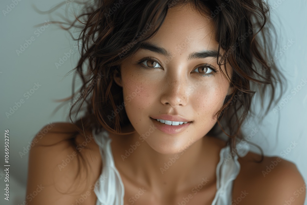 Japanese Woman Smiling White Sleeveless Top Close Up Soft Light White Background Professional Portrait Photography Japanese Woman Smiling White Sleeveless Top Close Up Soft Light White Background Professional Portrait Photography