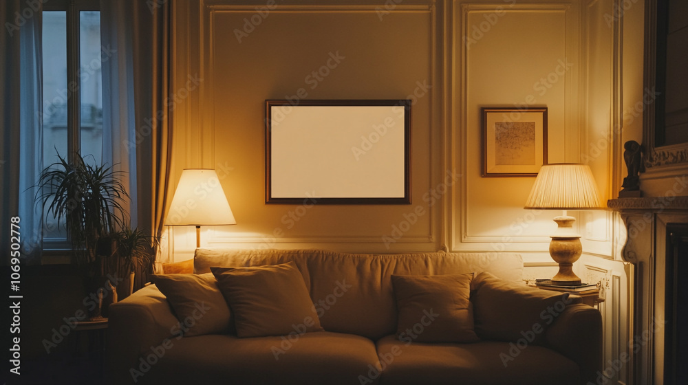 Fototapeta premium Cozy living room with a blank wall and soft lighting in an evening setting