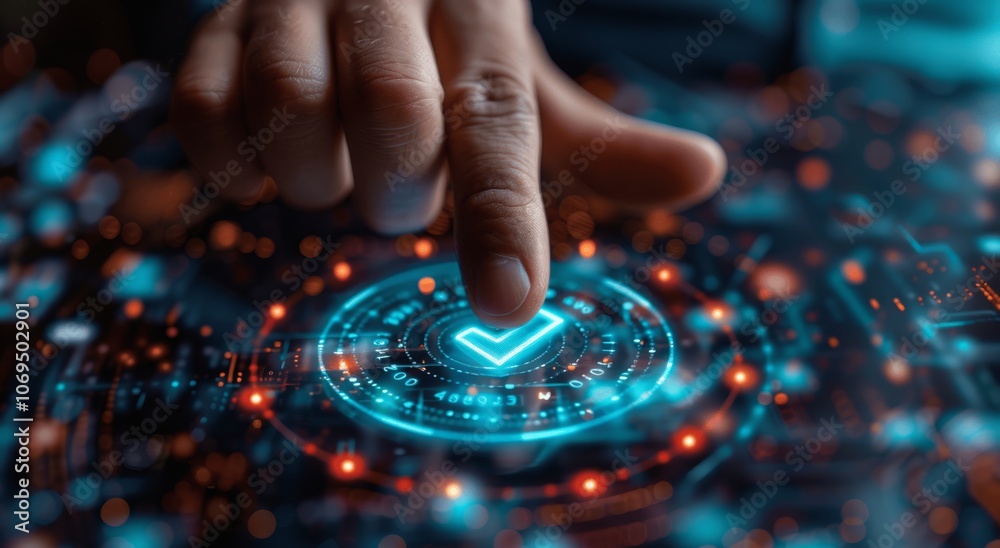 Businessman Hand Touching Check Mark on Virtual Screen for Quality and Customer Service Control and Approval Concept Businessman Hand Touching Check Mark on Virtual Screen for Quality and Customer Service Control and Approval Concept