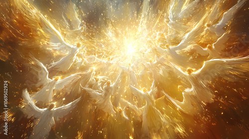 A multitude of angels with golden haloes sing in harmony, their celestial harmony resonating through a breathtaking, divine and radiant heavenly scene. Celestial. Illustration