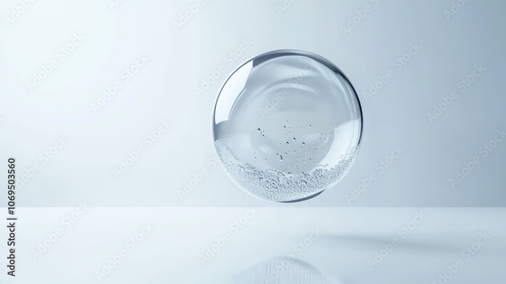 Clear bubble floating on light blue background Transparent, fragile, and delicate appearance Clear bubble floating on light blue background Transparent, fragile, and delicate appearance