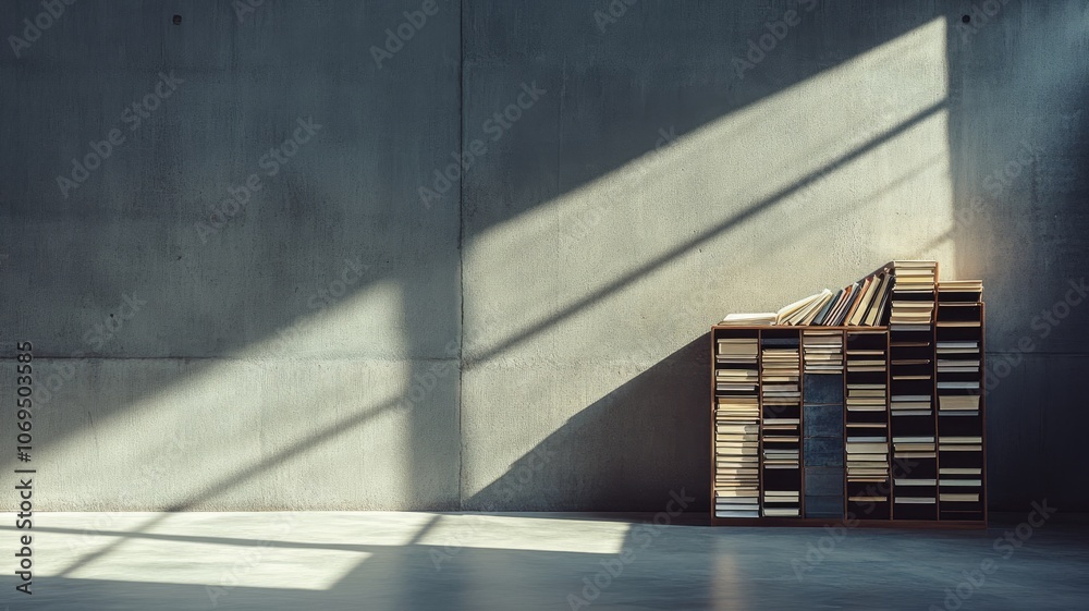 Sunlight streams on minimalist bookshelf in industrial-style room Sunlight streams on minimalist bookshelf in industrial-style room