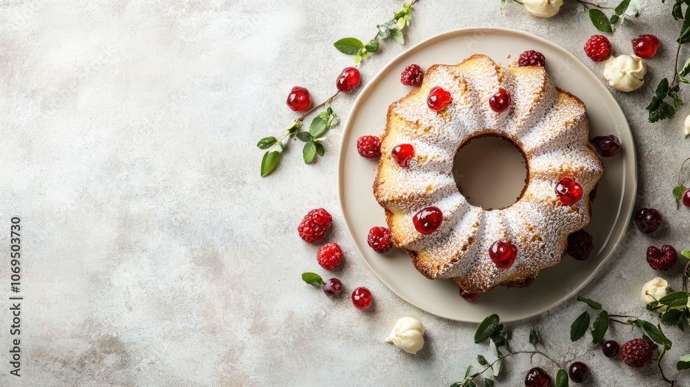Bundt cake with powdered sugar and berries on plate, surrounded by flowers leaves Bundt cake with powdered sugar and berries on plate, surrounded by flowers leaves
