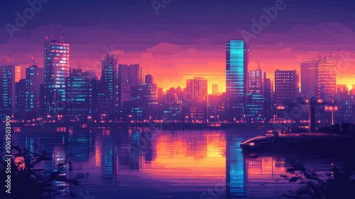 Cyberpunk Cityscape Dusk: Glowing Towers, Reflections, Digital Art