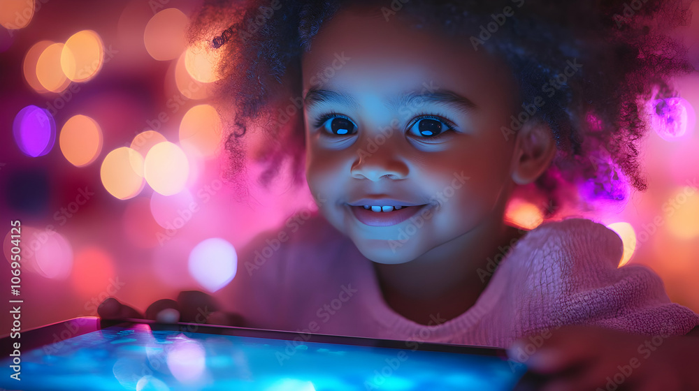 Happy Girl Using Tablet with Bokeh Background - Illustration Happy Girl Using Tablet with Bokeh Background - Illustration
