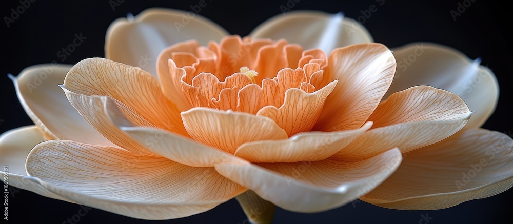 Close-up of a peach-colored flower with delicate petals against a dark background. Close-up of a peach-colored flower with delicate petals against a dark background.