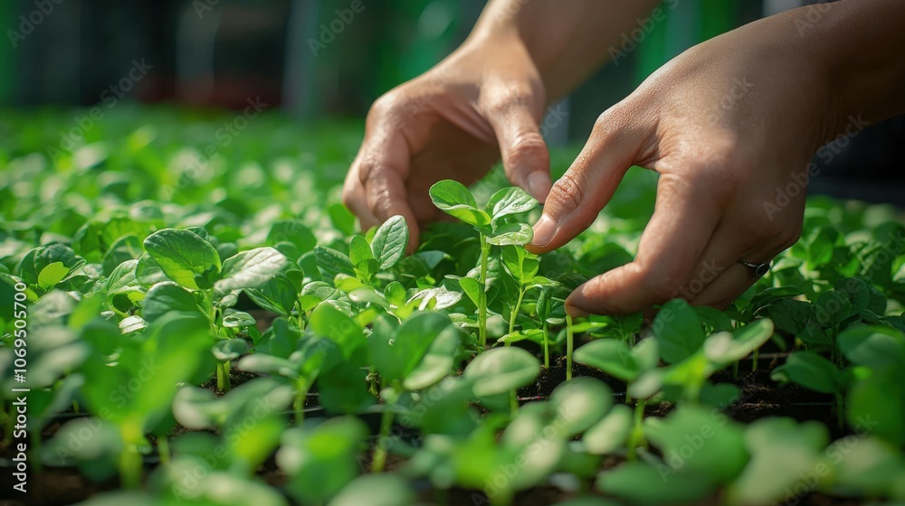 Hands nurturing seedlings in a greenhouse during morning hours Hands nurturing seedlings in a greenhouse during morning hours