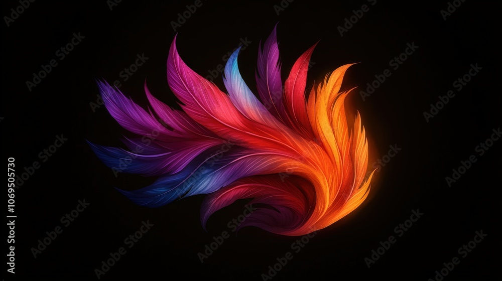 Vibrant abstract feather design with flowing colors against a dark background. Vibrant abstract feather design with flowing colors against a dark background.