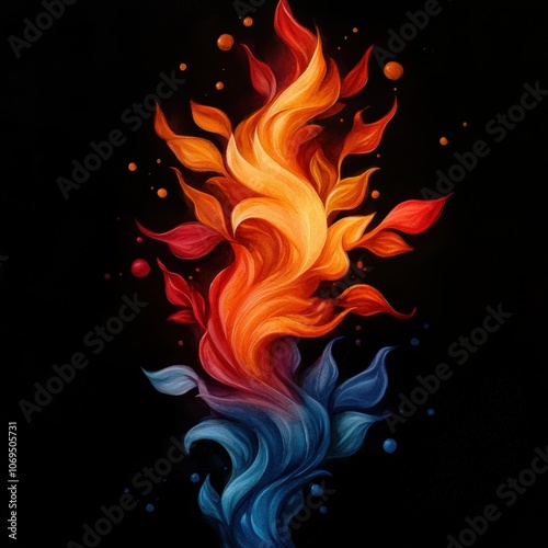 Vibrant abstract fire and water design with bold colors on a black background.