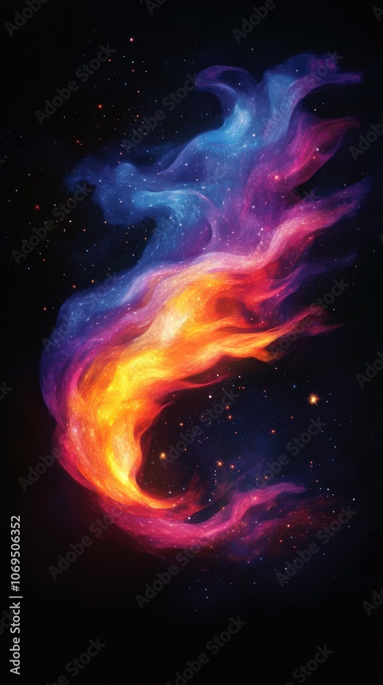 Vibrant cosmic flames swirling in deep space, colorful and ethereal, on black background. Vibrant cosmic flames swirling in deep space, colorful and ethereal, on black background.