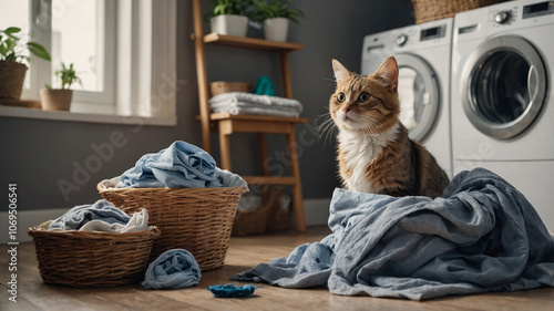 Cute pet playing among freshly laundered clothes.