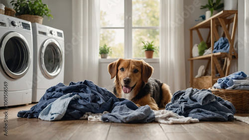 Cute pet playing among freshly laundered clothes.