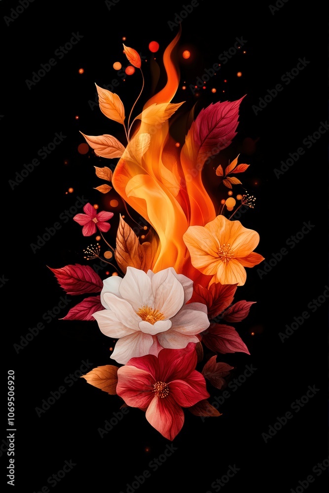 Fotografie Vibrant flowers and flames, a striking composition on a dark background