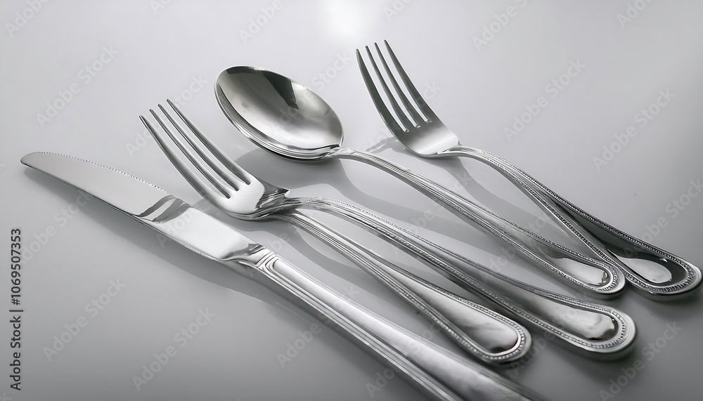 A set of polished silver cutlery, including a knife, fork, and spoon, arranged on a white surface. A set of polished silver cutlery, including a knife, fork, and spoon, arranged on a white surface.