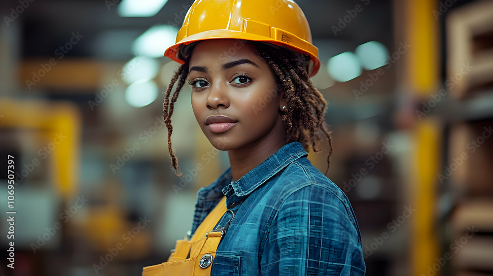 Portrait of a Female Construction Worker Wearing a Yellow Hard Hat Portrait of a Female Construction Worker Wearing a Yellow Hard Hat