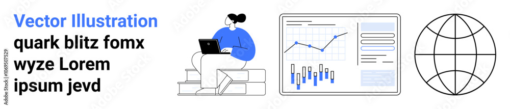 Woman working on laptop on steps, analytical chart with data bars and line graph, globe symbol. Ideal for business analytics, global marketing, data analysis, efficiency, progress tracking, corporate Woman working on laptop on steps, analytical chart with data bars and line graph, globe symbol. Ideal for business analytics, global marketing, data analysis, efficiency, progress tracking, corporate
