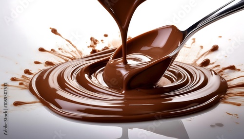 Melted chocolate pouring from a spoon creating a swirl and splash on a white background.