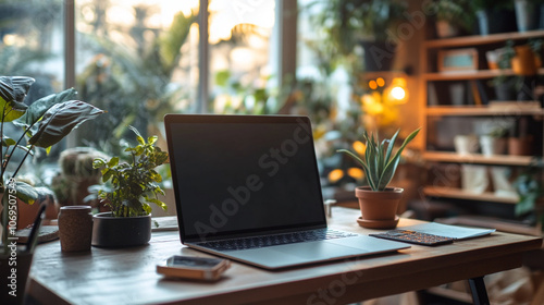 Cozy workspace with plants and laptop at sunset, perfect for productivity and relaxation