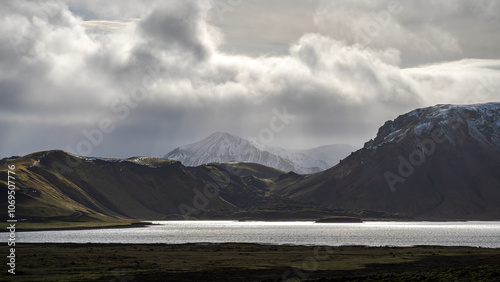 Dramatic Icelandic highlands with snow-covered peaks and cloudy skies